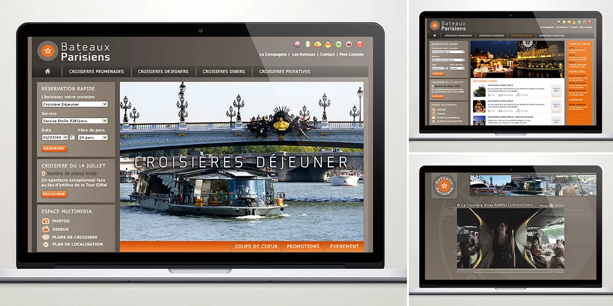 Site e-commerce Bateaux Parisiens sur ordinateur et tablettes : réservation de croisières sur la Seine