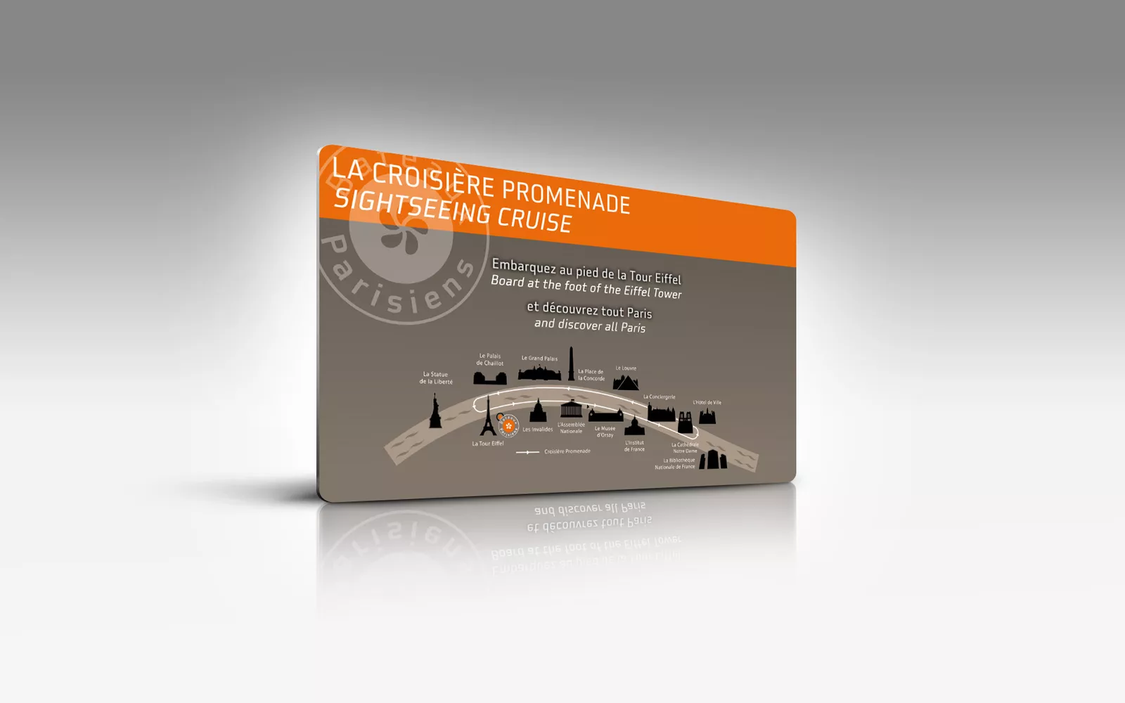 Panneau de signalétique « La croisière promenade » à l'embarcadère Bateaux Parisiens, Paris