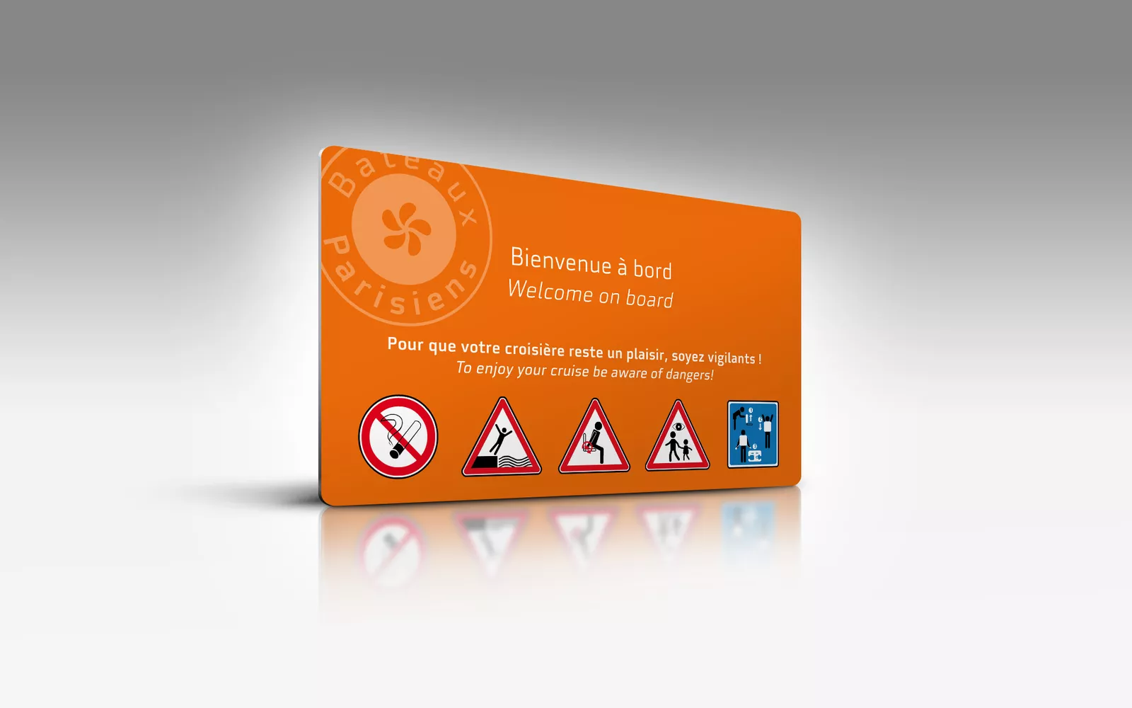 Panneau de consignes avec pictogrammes pour l'embarquement Bateaux Parisiens, design Nowaxx