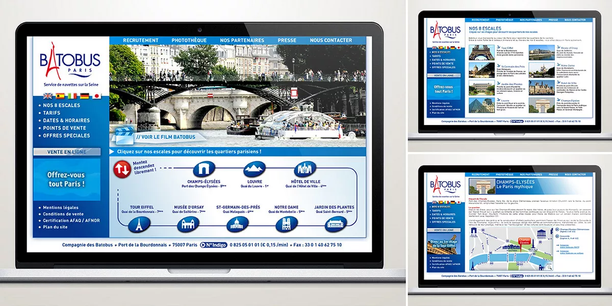 Site internet Batobus sur ordinateur et écrans : escales sur la Seine et achat du pass en ligne