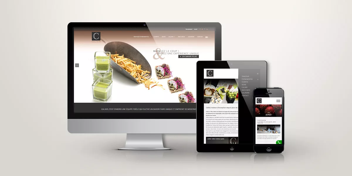 Site e-commerce du traiteur Calixir à Paris sur ordinateur et mobile, agence web Nowaxx
