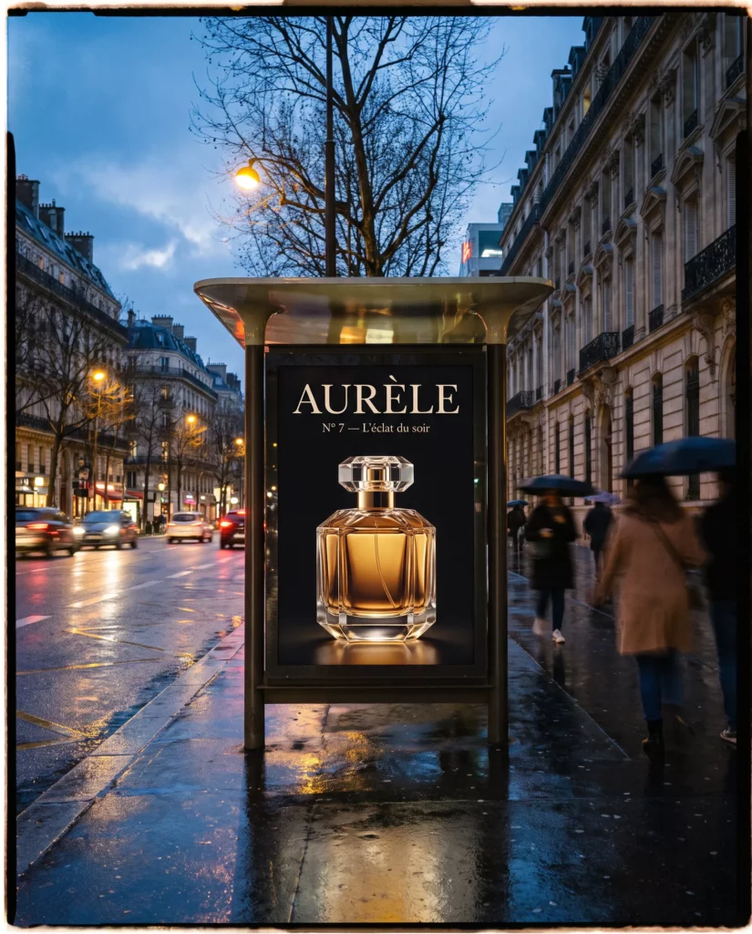 Campagne d’affichage pour le parfum Aurèle Nº 7 sur un abribus parisien