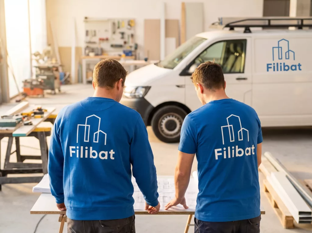 Identité visuelle de Filibat appliquée aux vêtements de travail, création Nowaxx