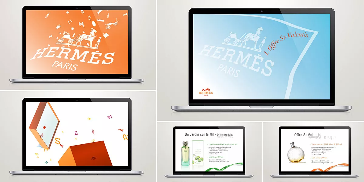 Écrans du guide retail merchandising Hermès aux couleurs orange de la maison, créé par l'agence Nowaxx