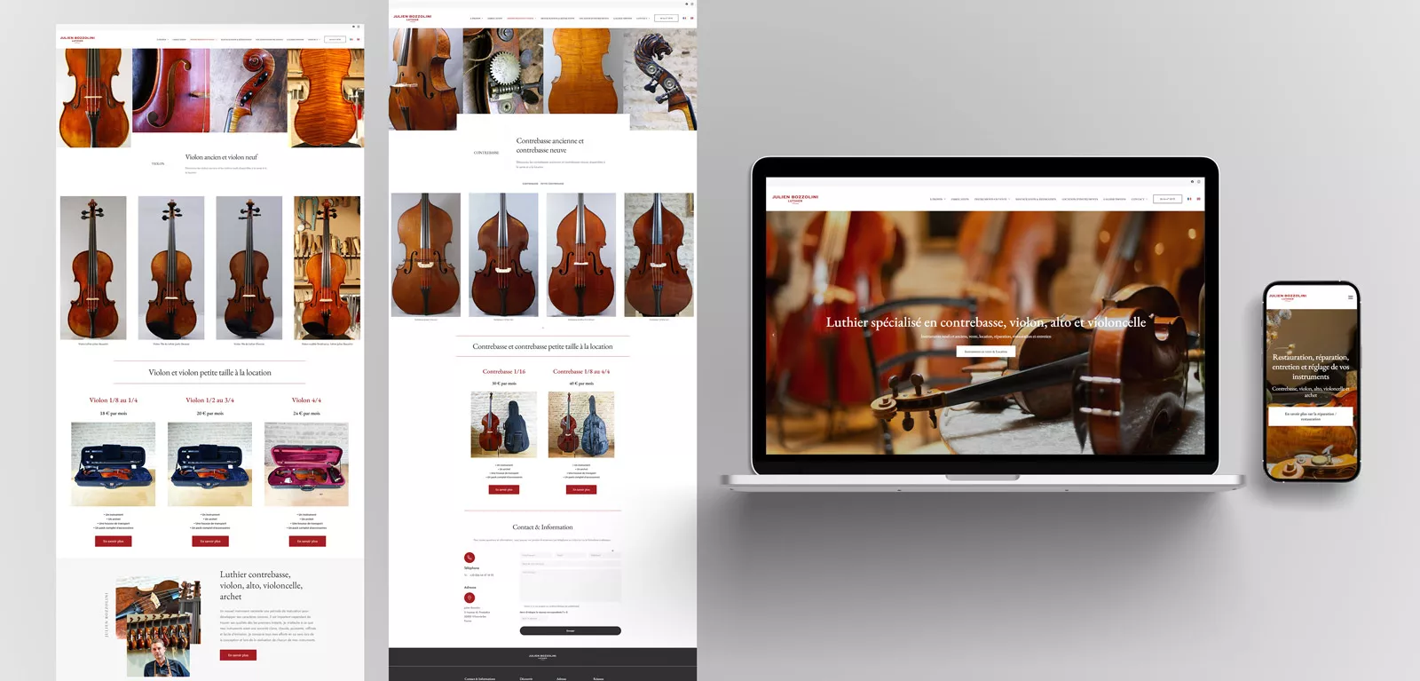 Site internet de l'atelier de lutherie Julien Bozzolini sur ordinateur et mobile, création Nowaxx