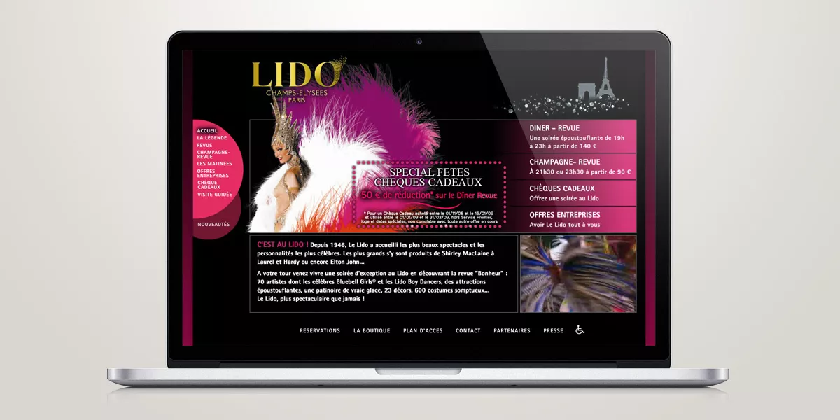 Page intérieure du site du Lido de Paris, cabaret parisien : revue, réservation et informations pratiques