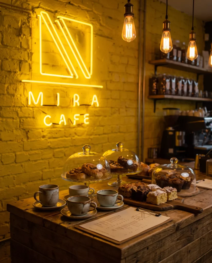 Enseigne néon et fresque murale du Mira Café, signalétique réalisée par Nowaxx