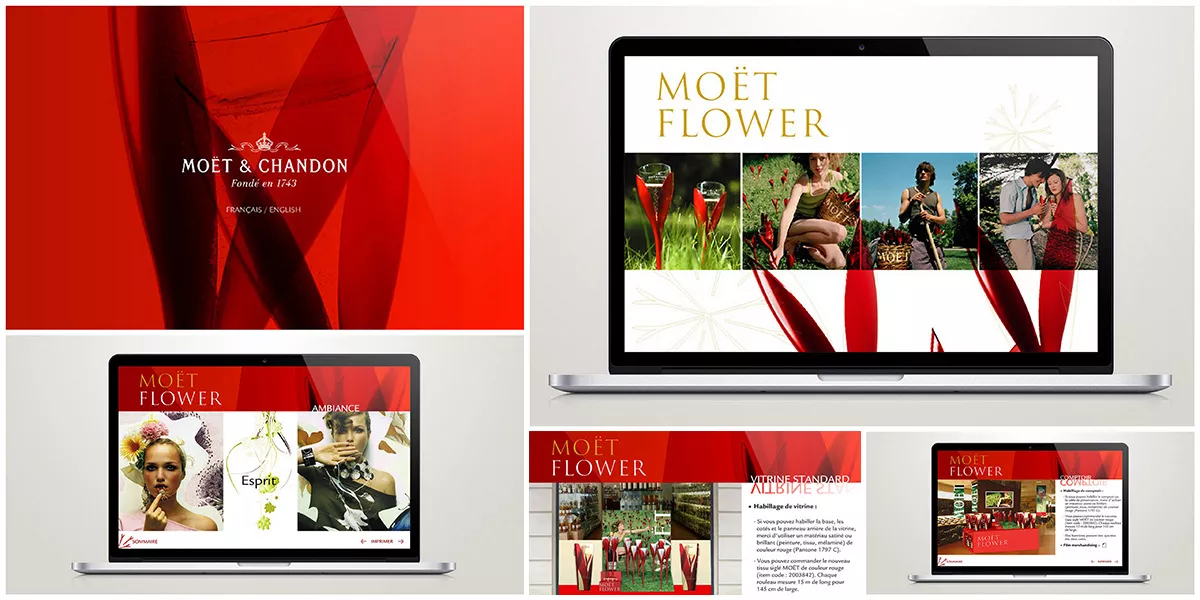 Guide « Moët Flower » de Moët & Chandon : pages du guide merchandising et site internet sur écrans