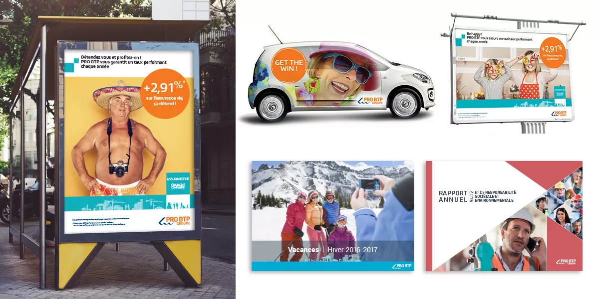 Campagne publicitaire et univers de marque PRO BTP déclinés sur supports print et PLV, agence de communication Nowaxx