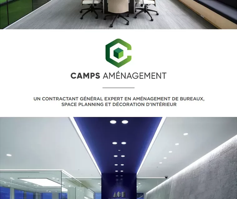 Groupe Camps — logo, site internet et brochure d&rsquo;un spécialiste de l&rsquo;aménagement de bureaux