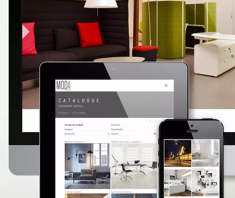 Moda International — site internet, e-catalogue et vidéos d&rsquo;un showroom de mobilier design