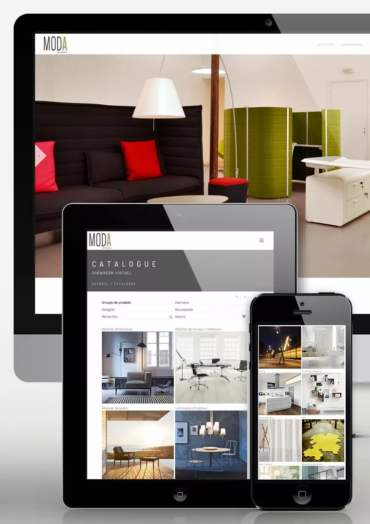 Moda International — site internet, e-catalogue et vidéos d&rsquo;un showroom de mobilier design