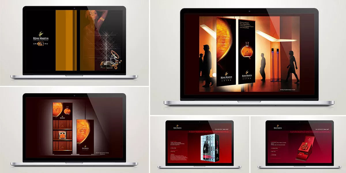Site internet et guide merchandising Rémy Martin sur ordinateur et tablette, univers sombre et précieux du cognac