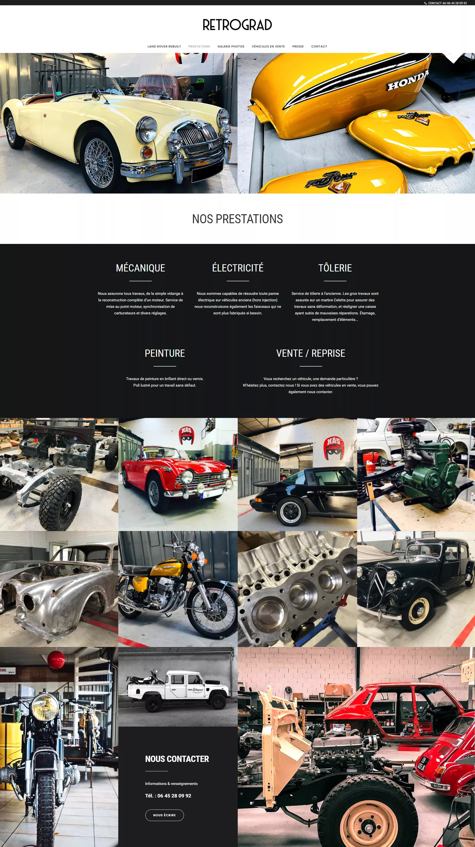 Pages du site Retrograd avec photographies d'atelier et de véhicules anciens, création Nowaxx
