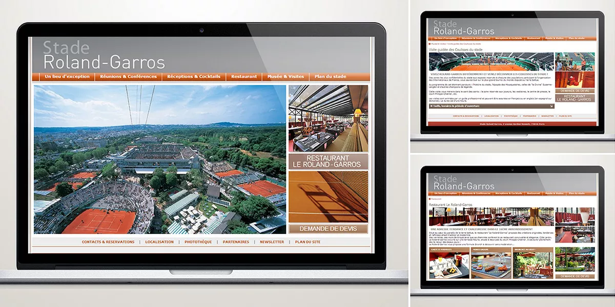 Site internet du Stade Roland-Garros sur ordinateur et écrans avec vue aérienne du stade