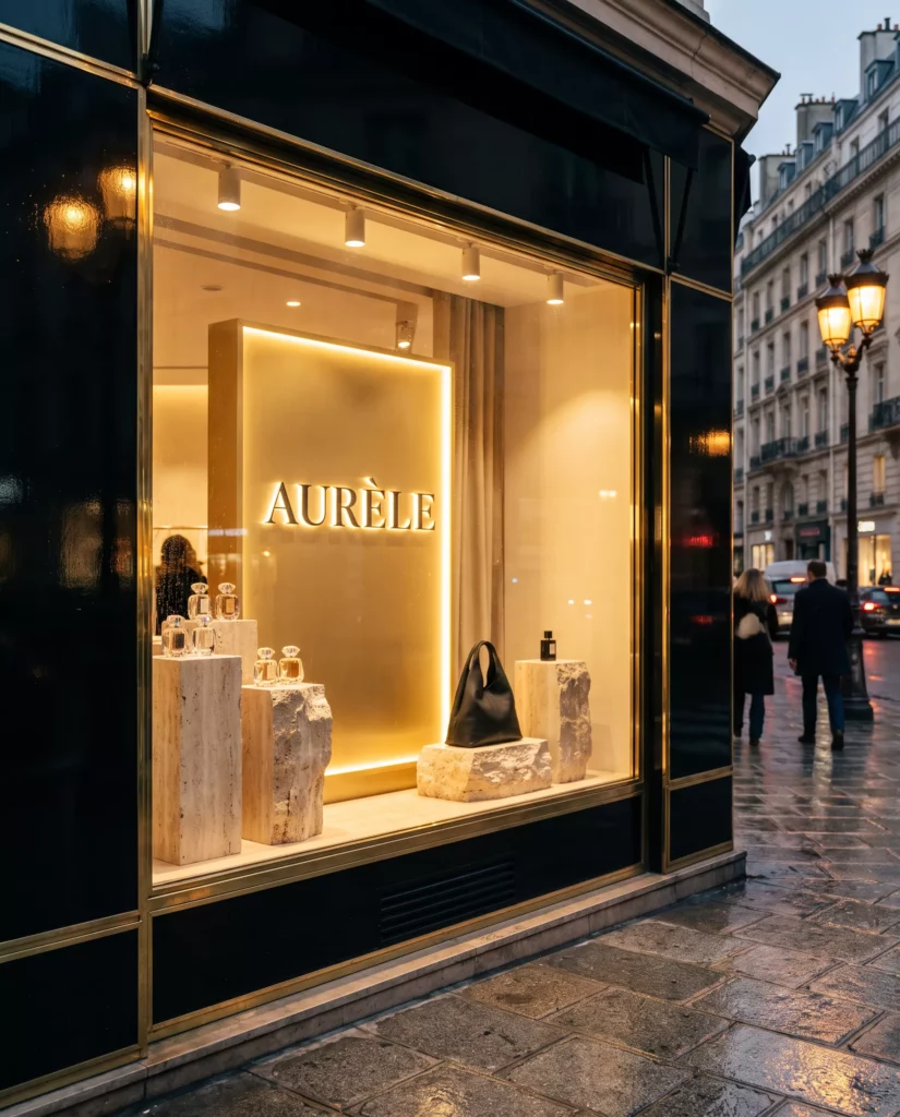 Vitrine et PLV d’une boutique de luxe Aurèle à Paris