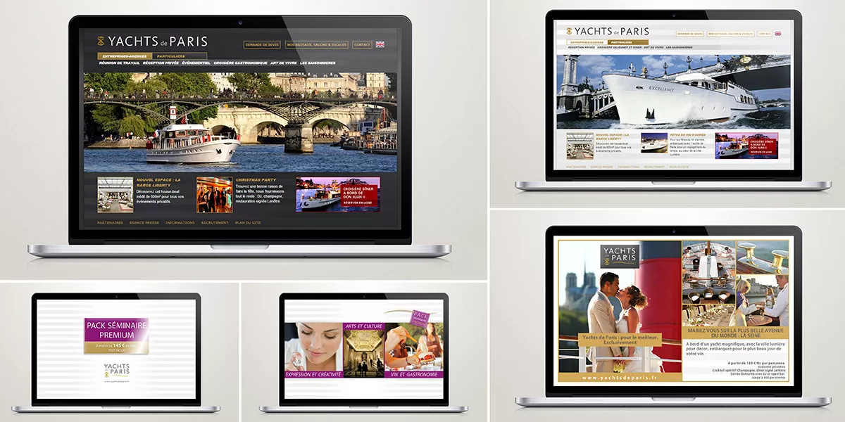 Site vitrine Les Yachts de Paris sur ordinateur, tablette et mobile : dîners croisière et privatisation
